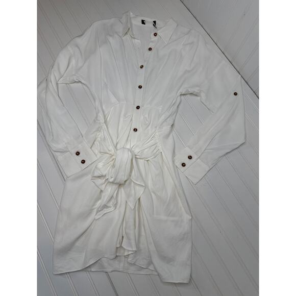 NWOT Lulus Charming Confidence White Collared Button-Up Mini Dress Tie Waist L - Picture 8 of 9